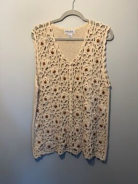 Crochet Floral Sleeveless Knit Top - Cream with Brown Accents